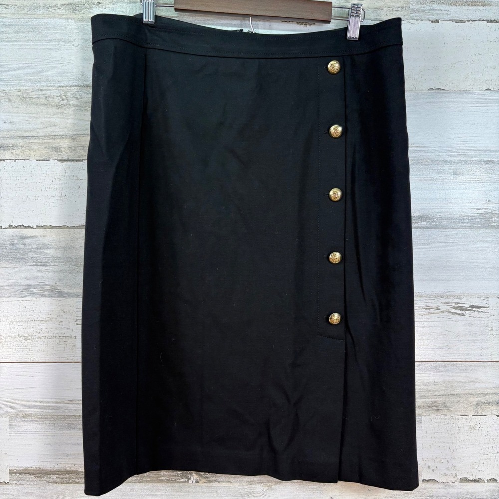 Talbots Black Ponte Knit Pencil Skirt Gold Crest Buttons Size 16 Preppy Timeless